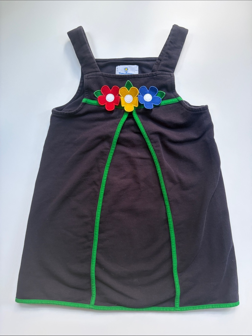 Florence Eiseman Black Pinafore Dress with Red, Yellow & Blue Flower Appliques